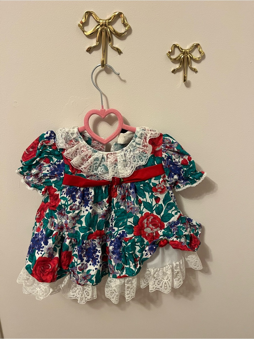 Vintage Floral Lace-Trim Baby Dress in Green & Red